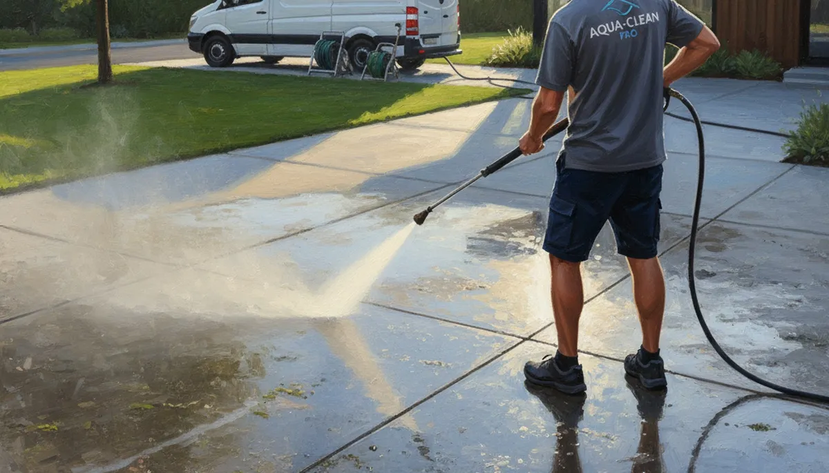 San Antonio Paint Pros pressure cleaning concrete driveway in San Antonio, TX to remove stains and grime